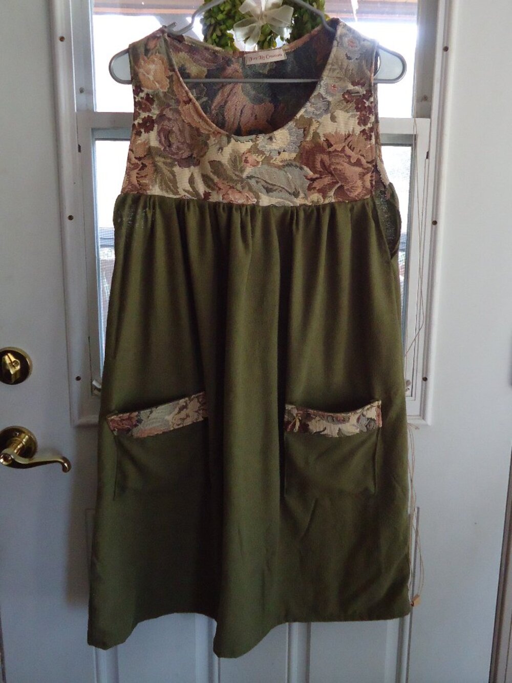 Olive green raw silk and tapestry pinafore by Firelily Creations  Fits S/M/L